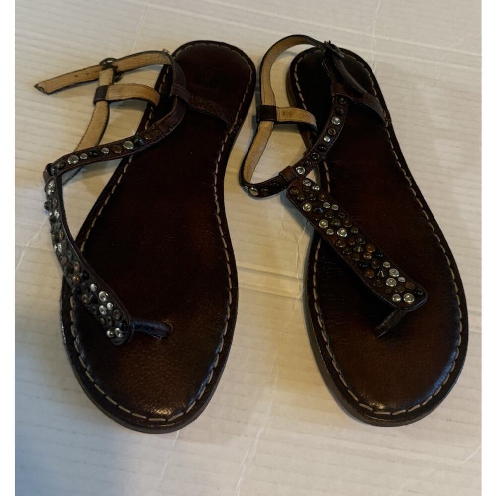 Frye Womens Size 9 B Studded Leather Thong Sandals Brown Strappy - Picture 4 of 9